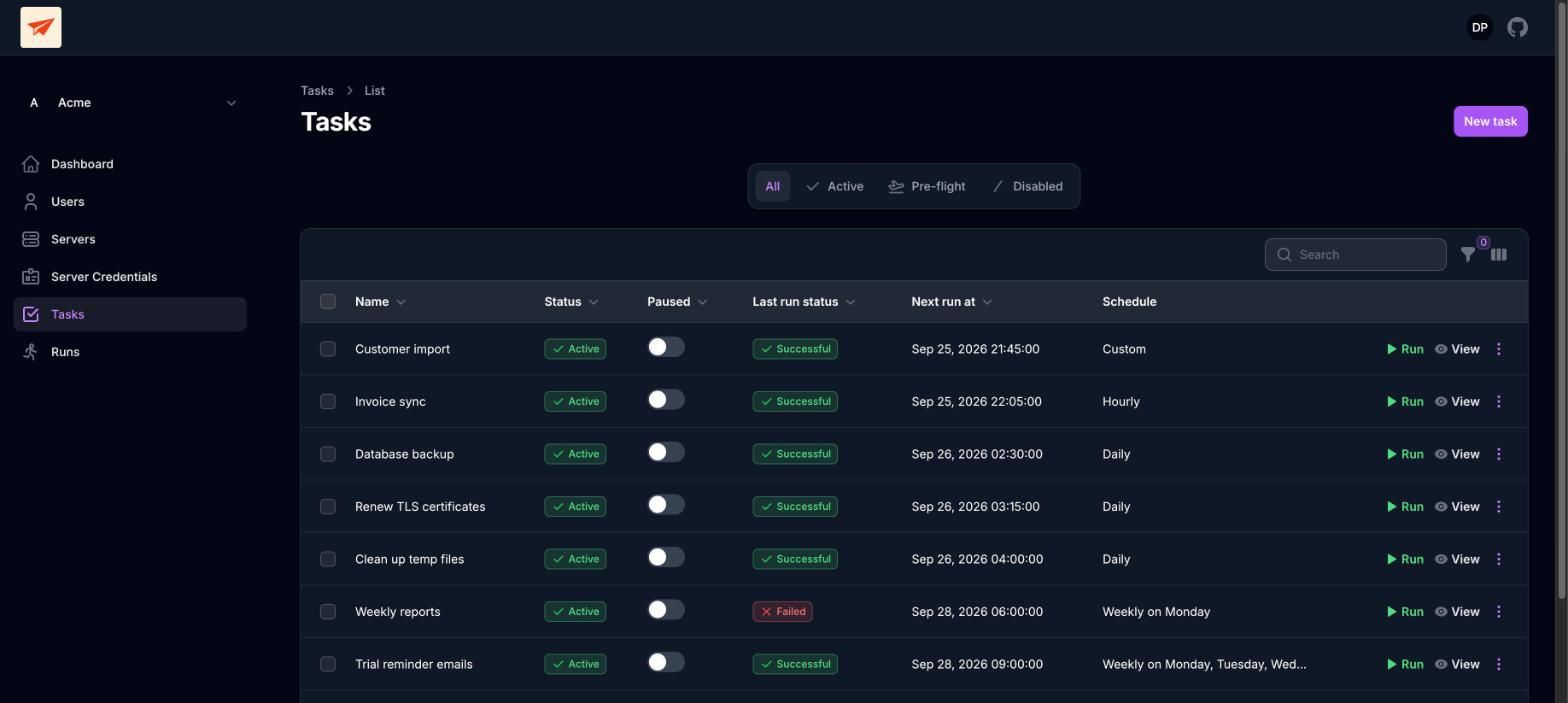 The same Cron Pilot task list in dark mode. Weekly reports shows a red Failed badge; every other task's last run was successful.