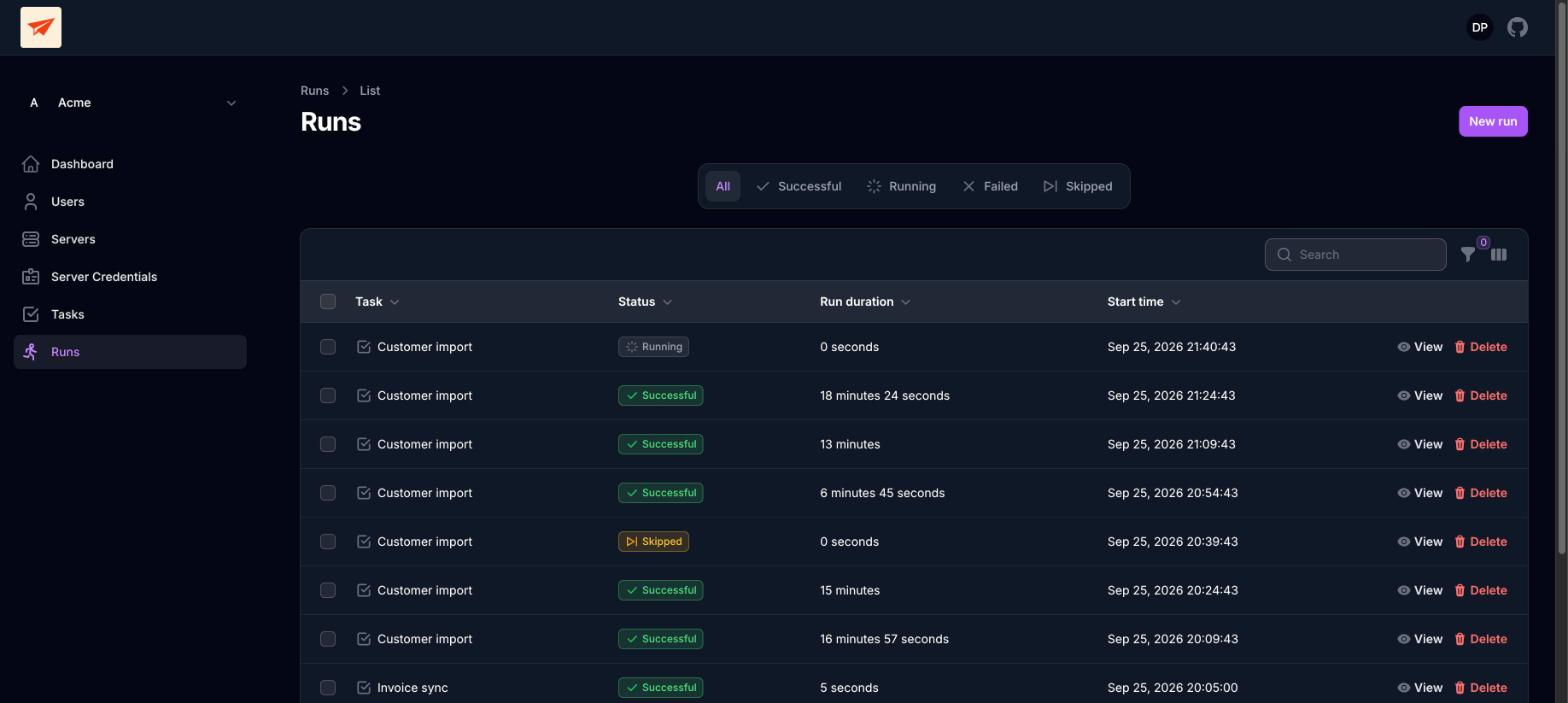 The same runs list in dark mode, with Running, Successful and Skipped statuses and durations.
