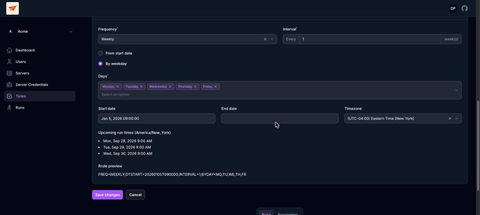 The same schedule builder in dark mode: weekly on Monday to Friday at 9:00 AM Eastern Time, with the next three run times and the Rrule preview.